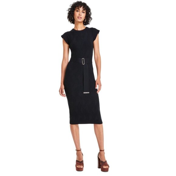 NWT Vince Camuto Womens Textured-Knit Cap-Sleeve Midi Dress Black L